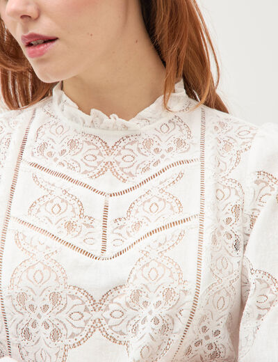 Blouse cintr&eacute;e dentelle manches longues ecru femme