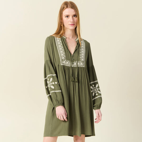 Robe brodée éco-responsable vert kaki femme