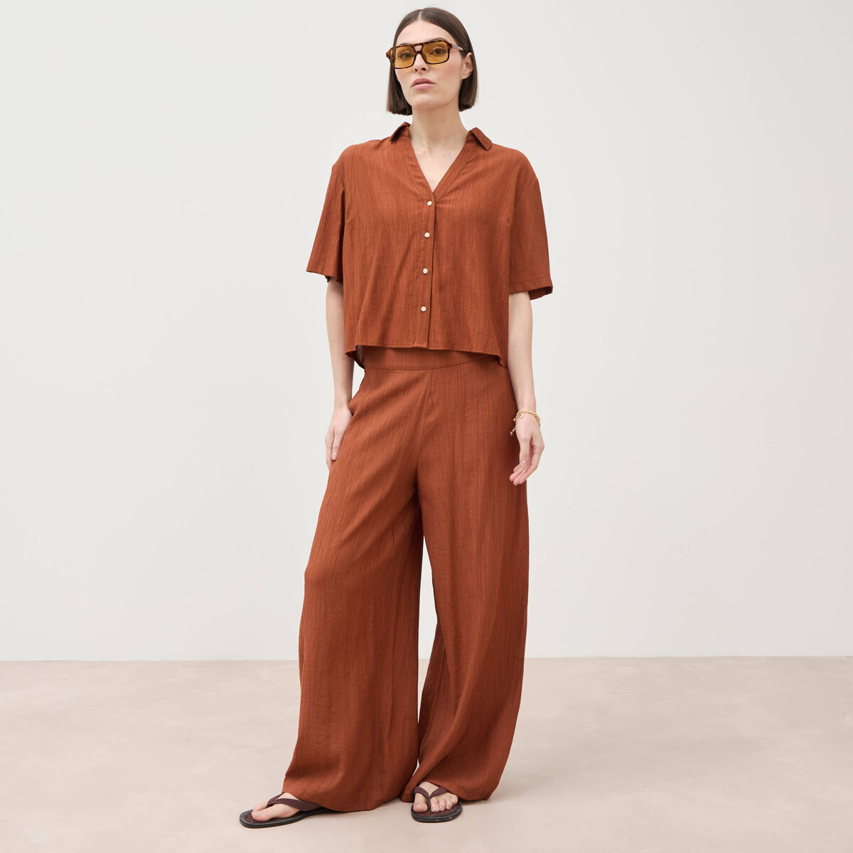 Pantalon large taille haute fluide marron femme