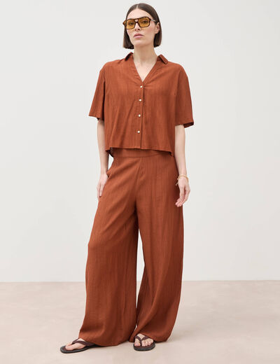 Pantalon large taille haute fluide marron femme