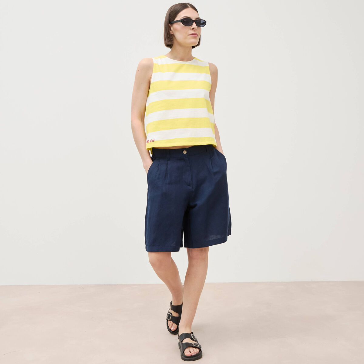 Short taille haute bleu marine femme