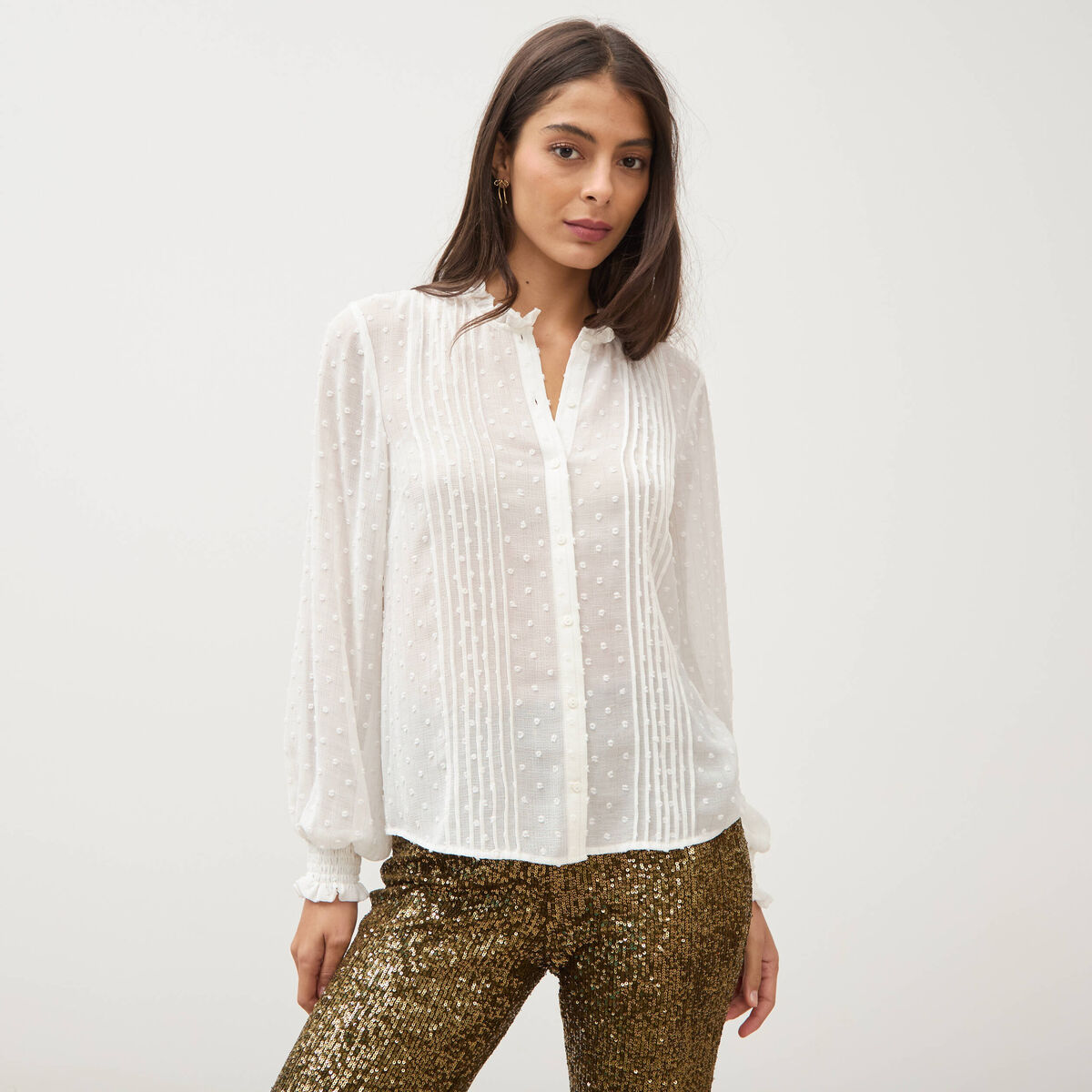 Chemise droite manches longues ecru femme