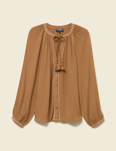 Chemise manches longues col tunisien marron clair femme