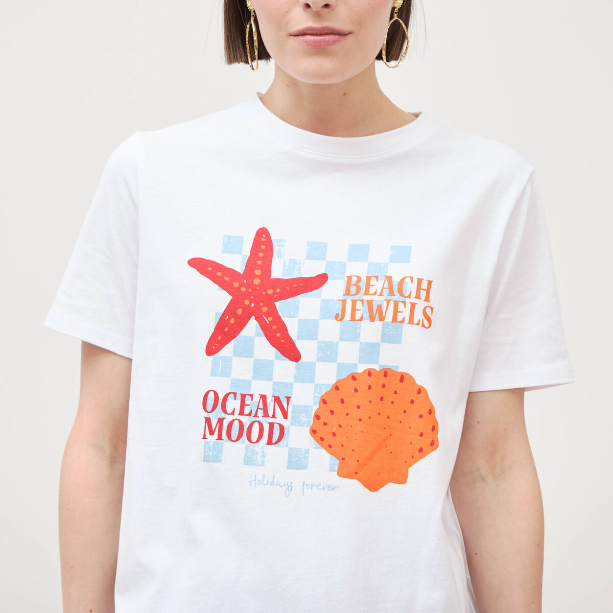 T-shirt droit col rond manches courtes blanc femme