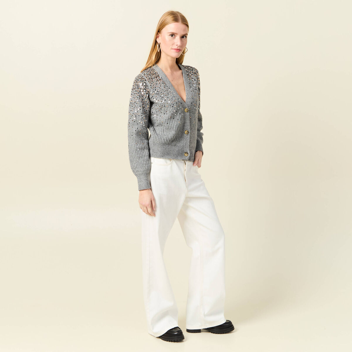 Gilet boutonné à sequins gris femme