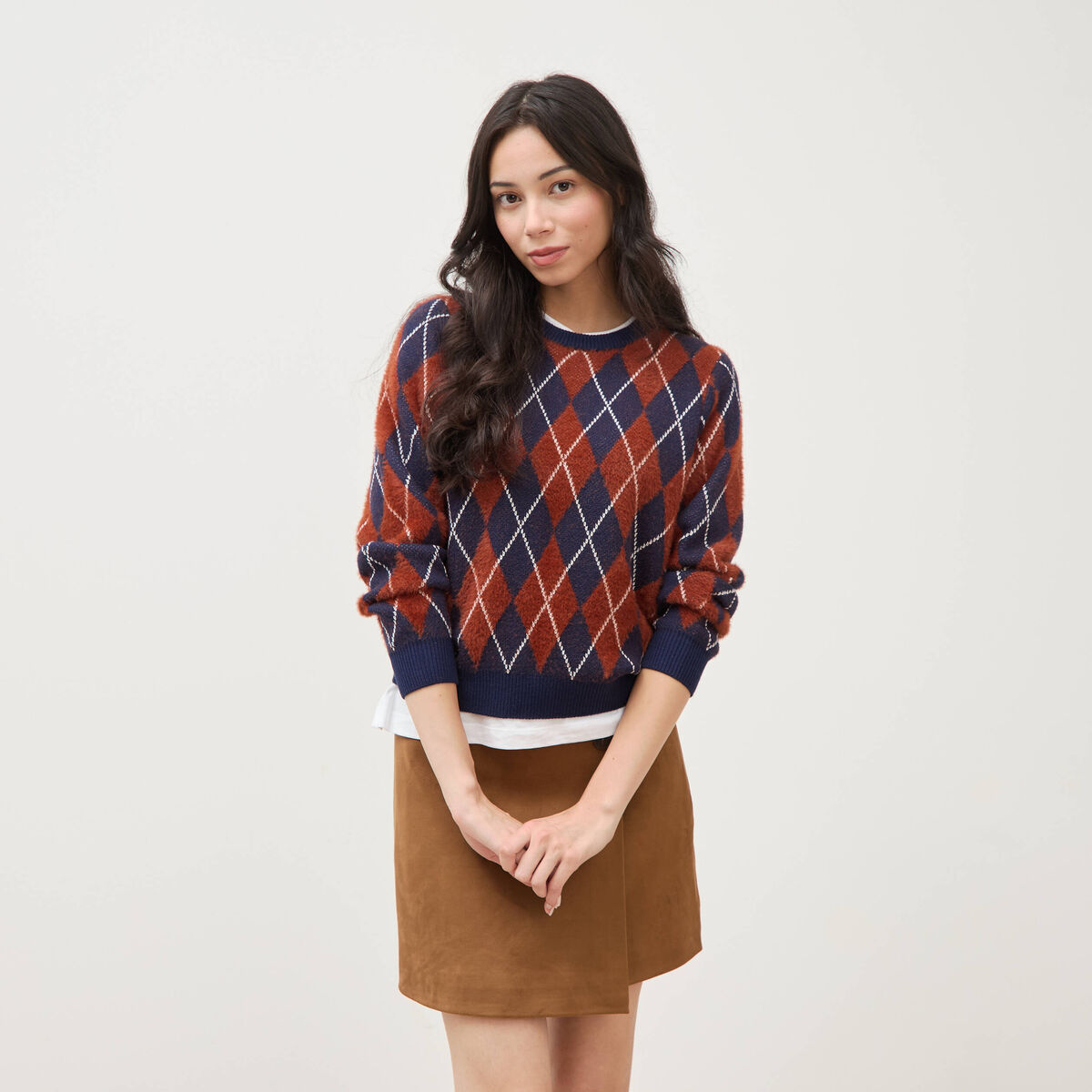 Pull droit manches longues col rond orange citrouille femme