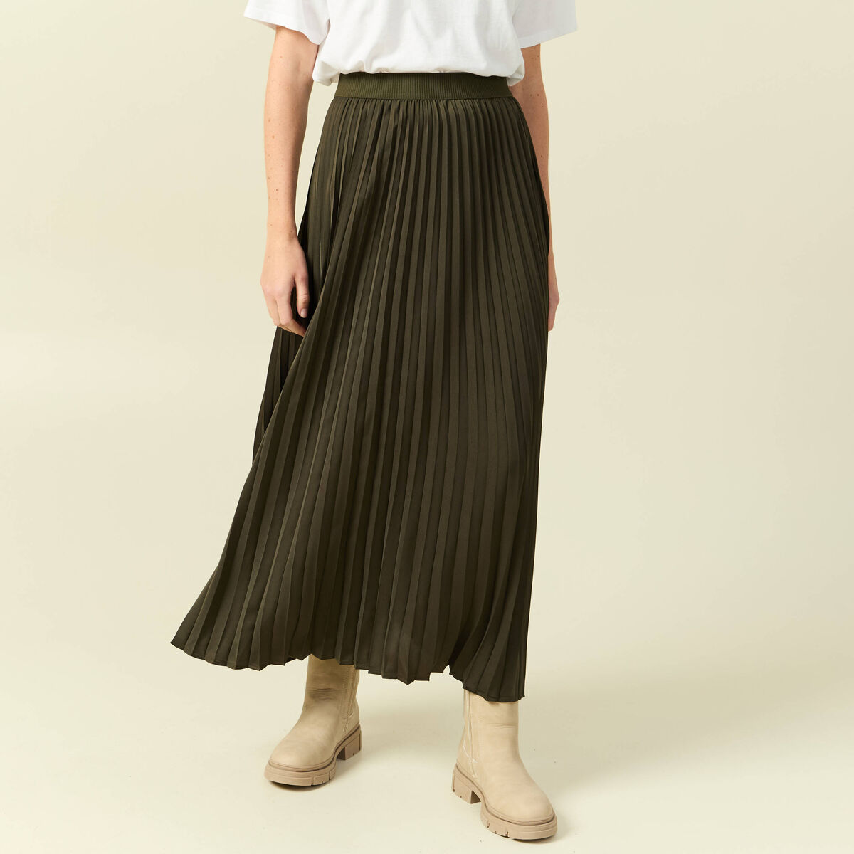 Jupe pliss&eacute;e longue vert kaki femme
