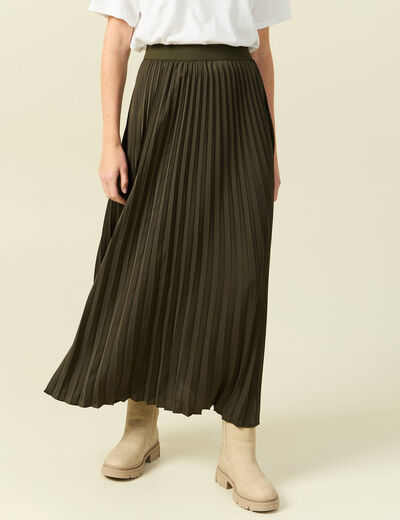 Jupe pliss&eacute;e longue vert kaki femme