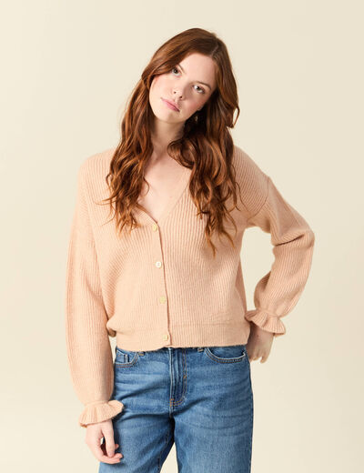 Gilet manches longues col v rose champagne femme