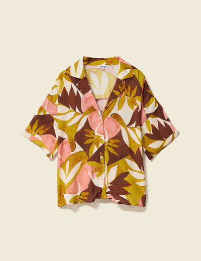 Chemise manches courtes col cubain marron cognac femme