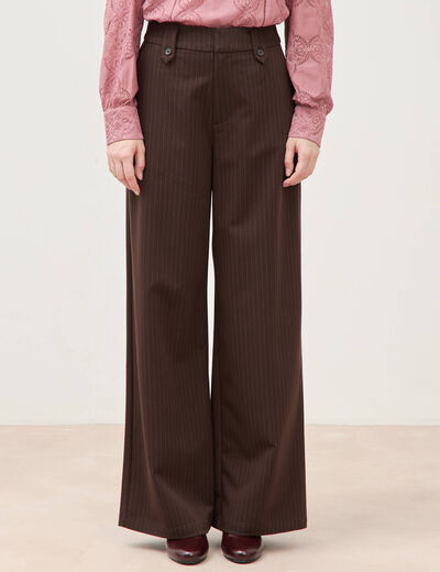 Pantalon large taille haute fluide marron fonc&eacute; femme