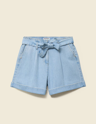 Short taille haute en jeans denim bleach femme
