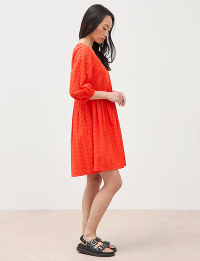 Robe droite courte col v manches 3/4 orange fonc&eacute; femme