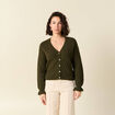 Gilet ajour&eacute; droit court col v vert kaki femme
