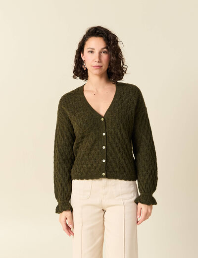 Gilet ajour&eacute; droit court col v vert kaki femme