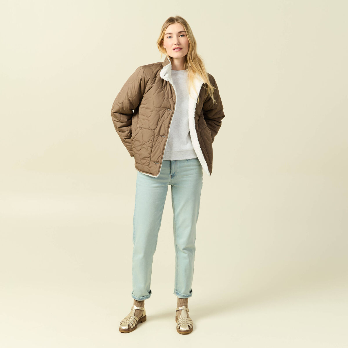 Parka courte droite effet polaire marron clair femme