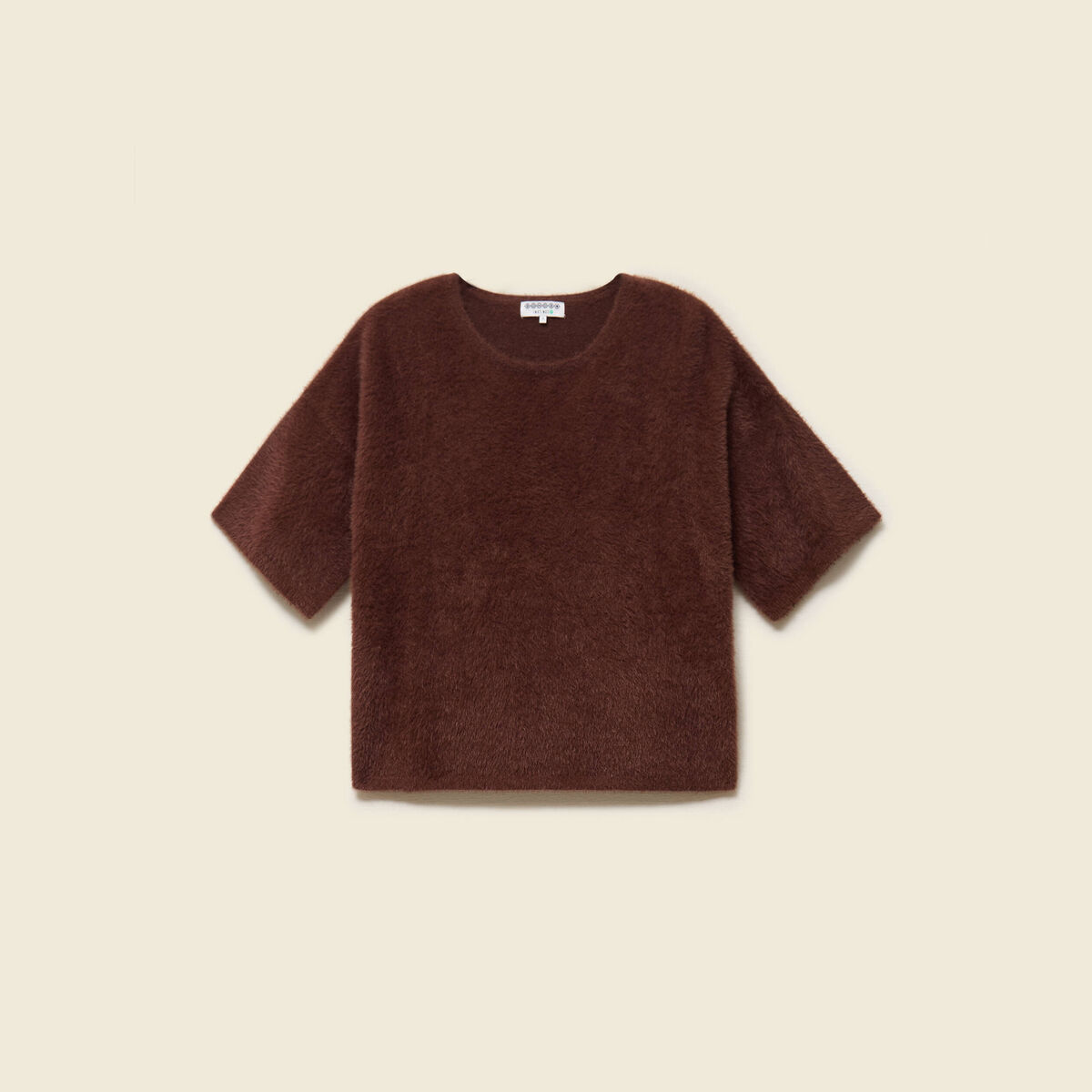 Pull droit court manches coude col rond marron femme