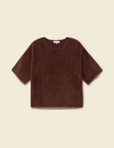 Pull droit court manches coude col rond marron femme