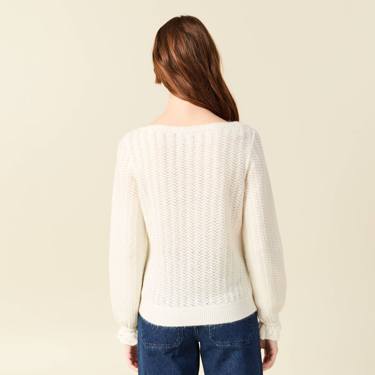 Pull ajouré col bateau manches longues ecru femme | Vibs