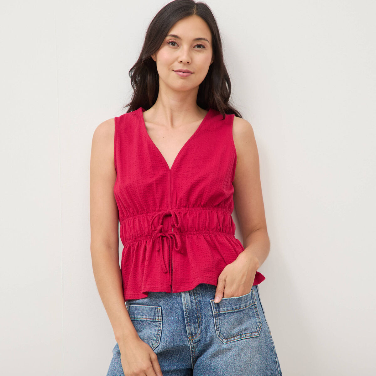 D&eacute;bardeur col v n&oelig;uds en coton rouge clair femme