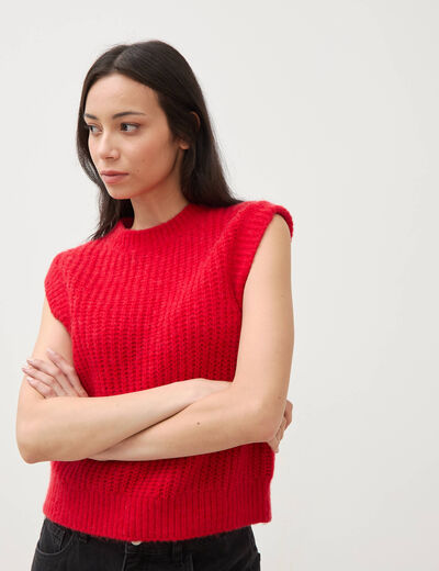 Pull droit sans manches col rond rouge femme