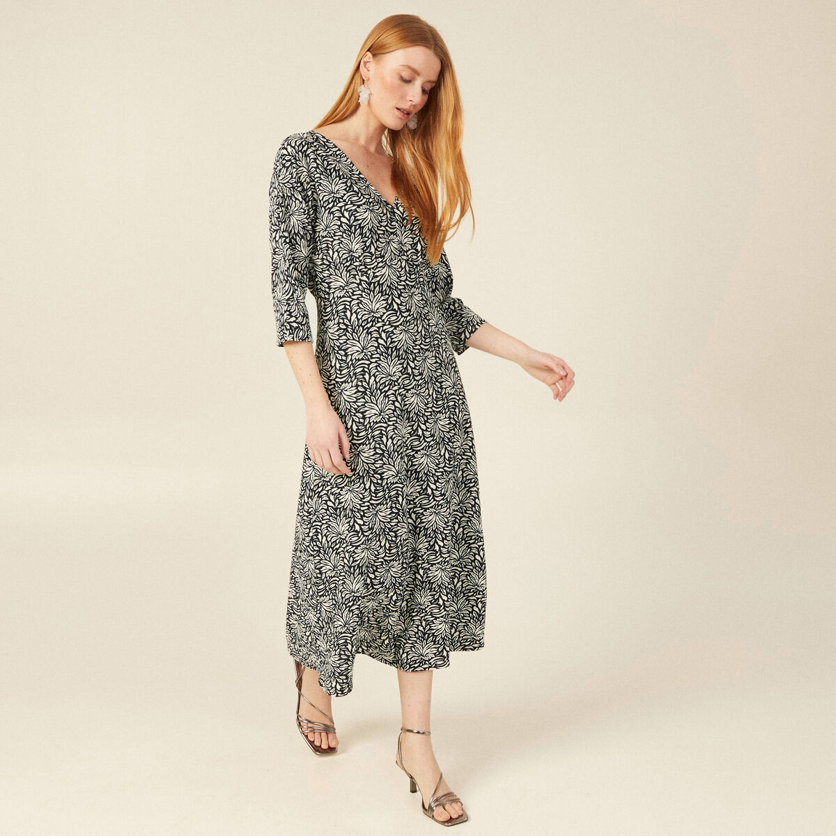 Robe midi droite manches 3/4 noir femme