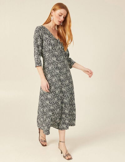Robe midi droite manches 3/4 noir femme