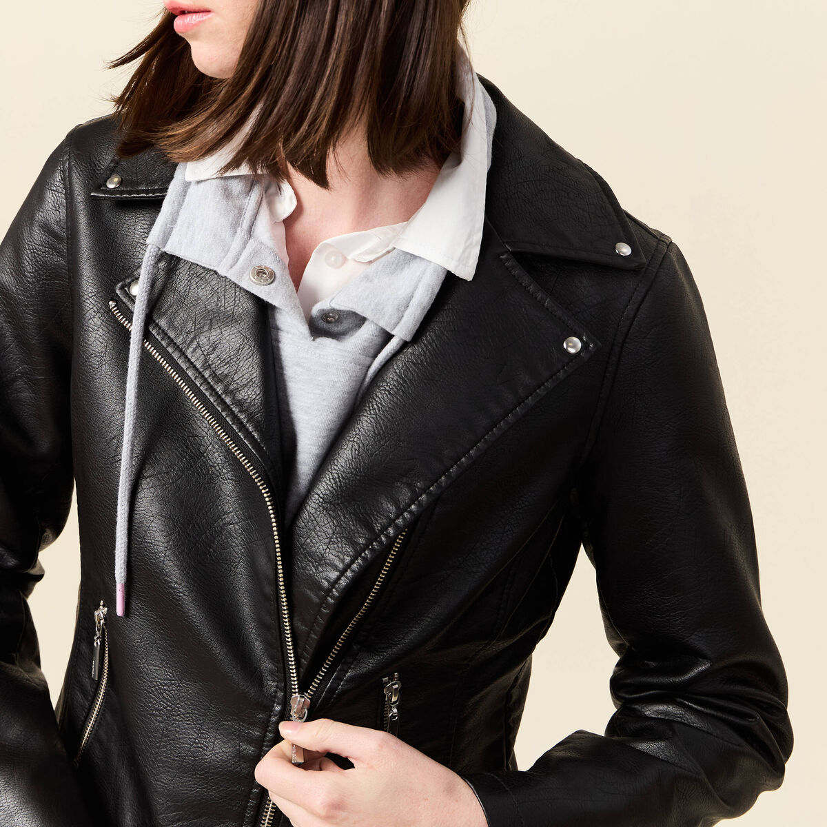 Blouson biker simili cuir noir femme