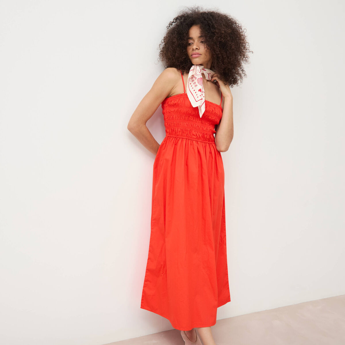 Robe bretelles col carr&eacute; en coton orange fonc&eacute; femme