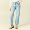 Jeans straight 7/8&egrave;me taille haute denim bleach femme