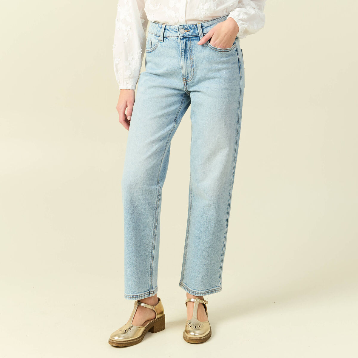 Jeans straight 7/8&egrave;me taille haute denim bleach femme