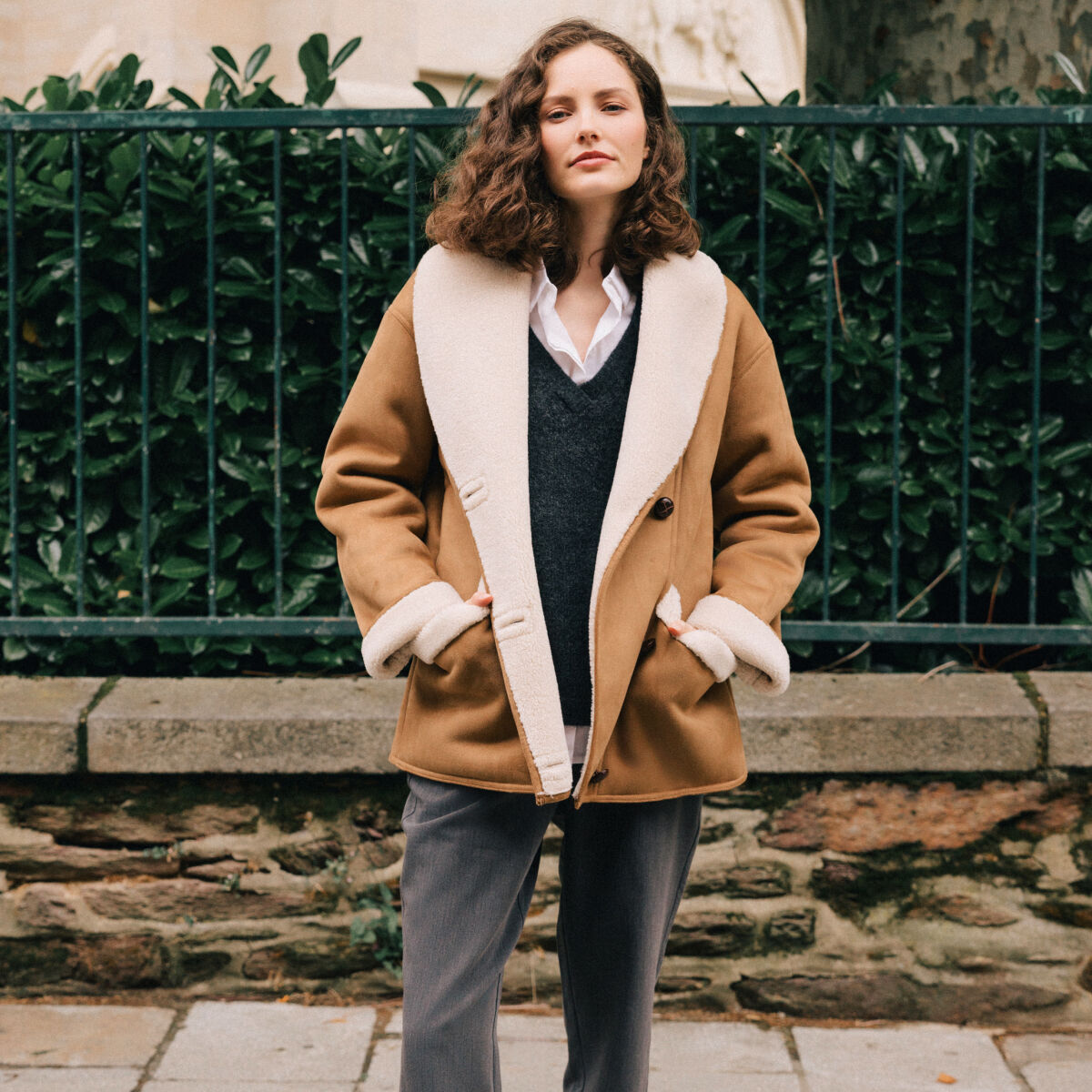 Manteau suédine col châle marron femme