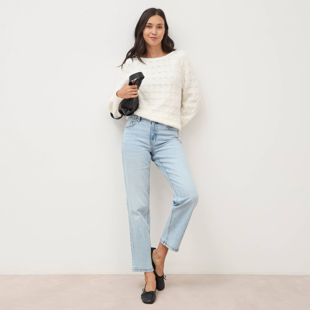 Pull manches longues col bateau ecru femme