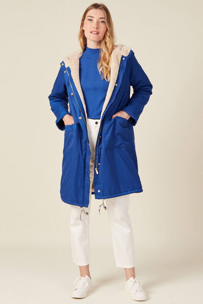 Parka droite à capuche doublée bleu electrique femme