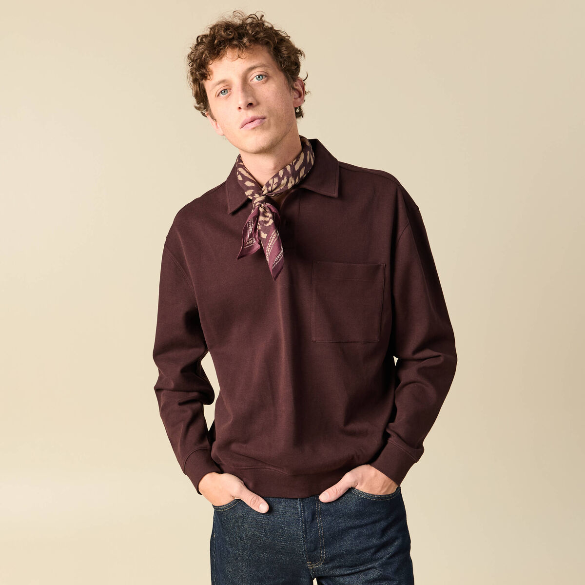 Polo ample manches longues col polo marron fonc&eacute; homme