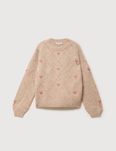 Pull droit col rond manches longues creme femme