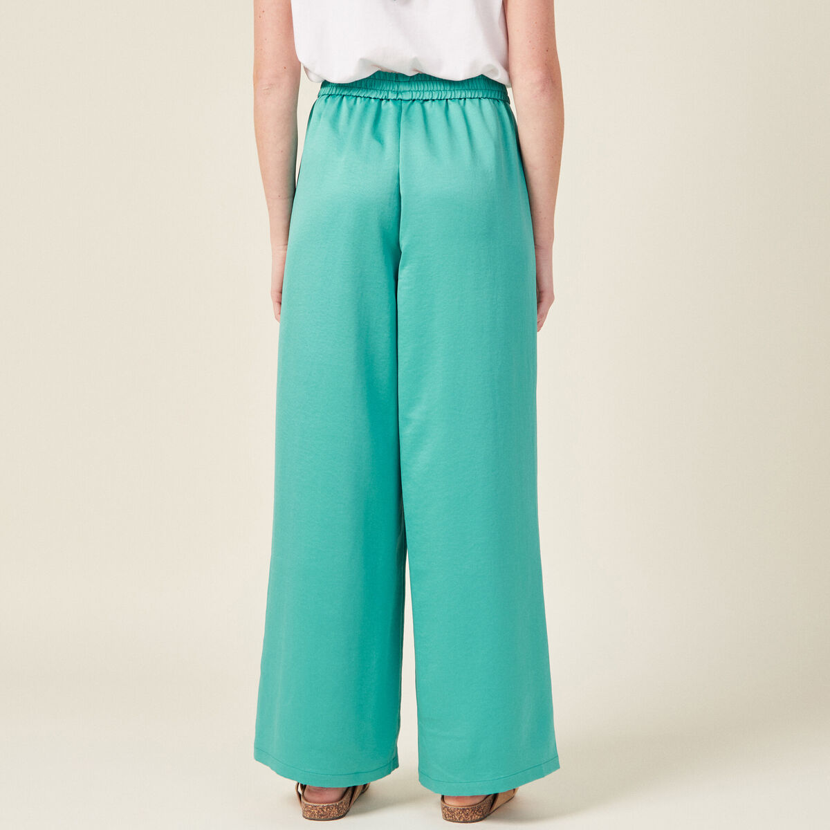 Pantalon large fluide satin bleu turquoise femme