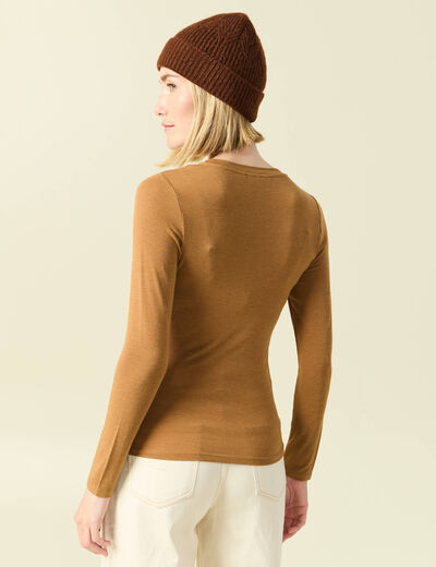 T-shirt cintr&eacute; manches longues col rond marron clair femme