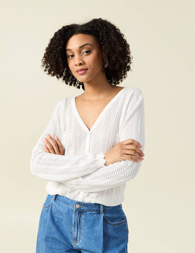 Gilet dos devant ajour&eacute; ecru femme