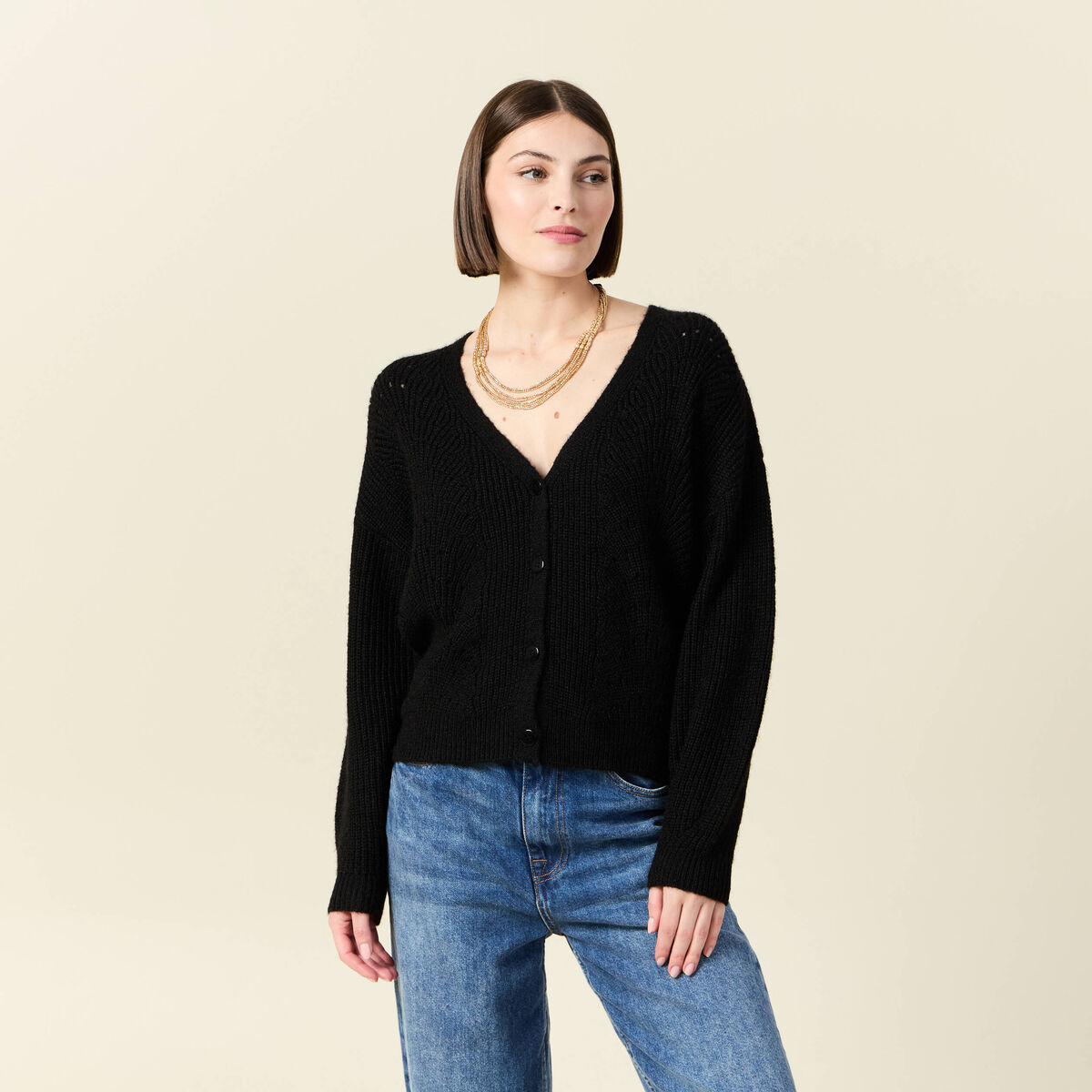 Gilet ajour&eacute; col V manches longues noir femme