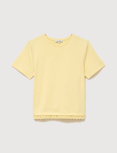 T-shirt droit col rond manches courtes jaune pastel femme