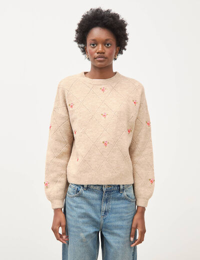 Pull droit col rond manches longues creme femme