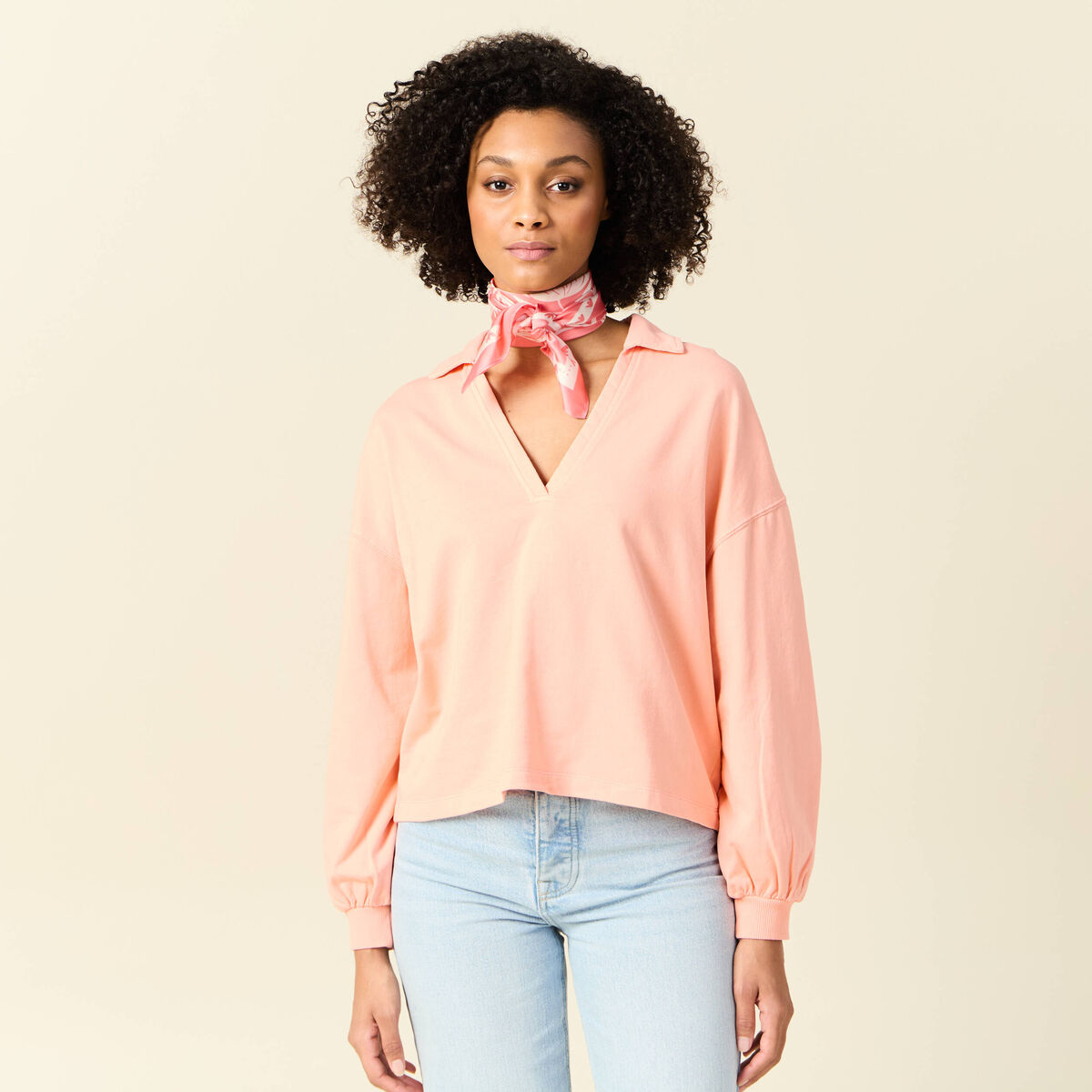 Sweat manches longues col polo rose saumon femme