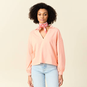 Sweat manches longues col polo rose saumon femme