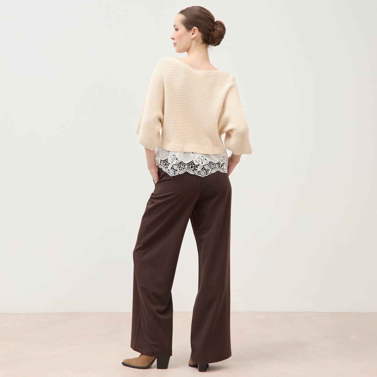 Pull col bateau manches courtes ivoire femme