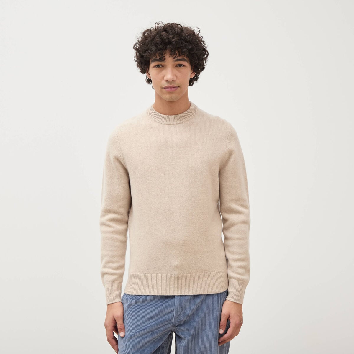 Pull droit col rond manches longues sable homme