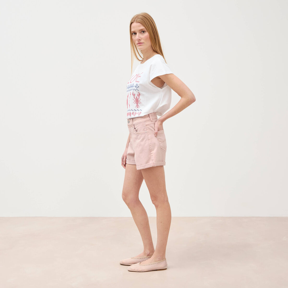 Short mom taille haute rose clair femme