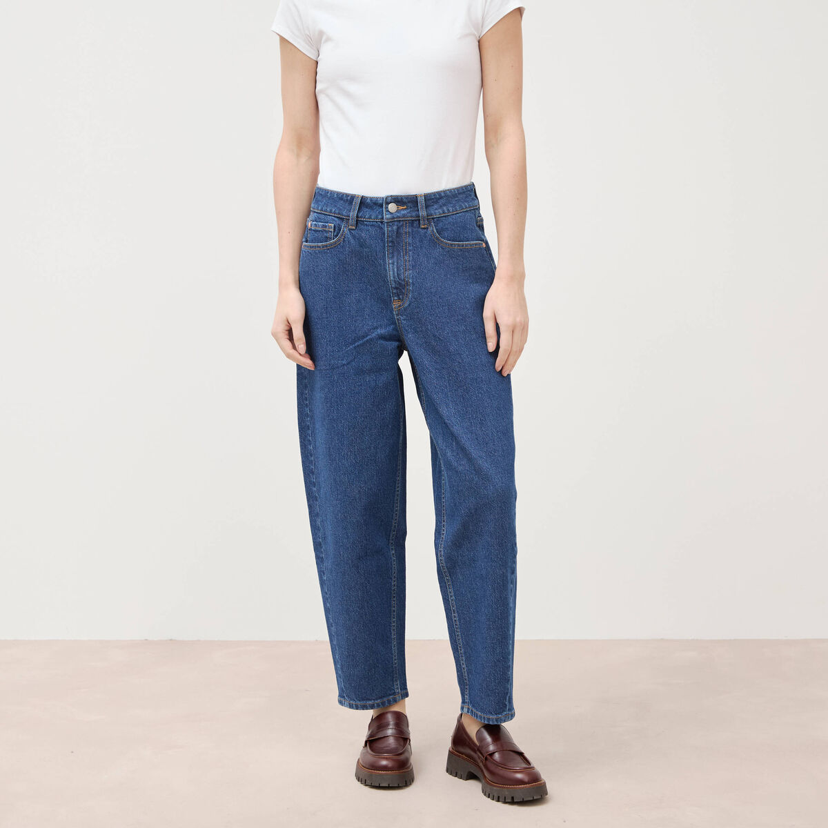 Jeans barrel taille haute 7/8&egrave;me denim brut femme