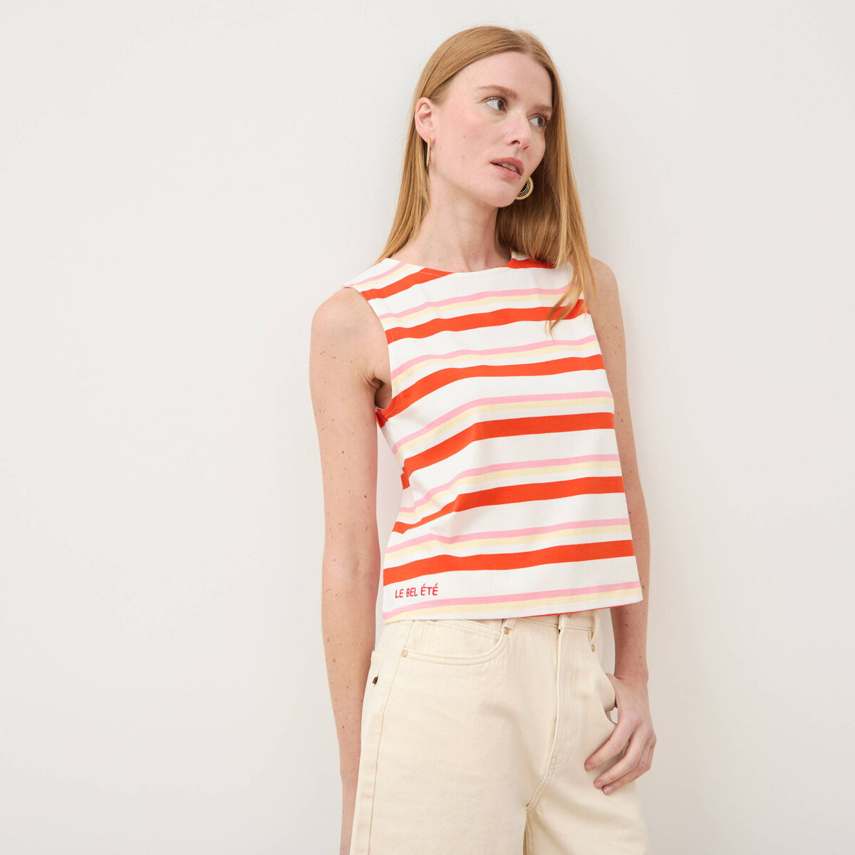 D&eacute;bardeur ray&eacute; col rond en coton rouge femme