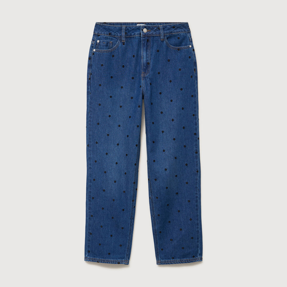 Jeans straight taille haute broderie bleu clair femme